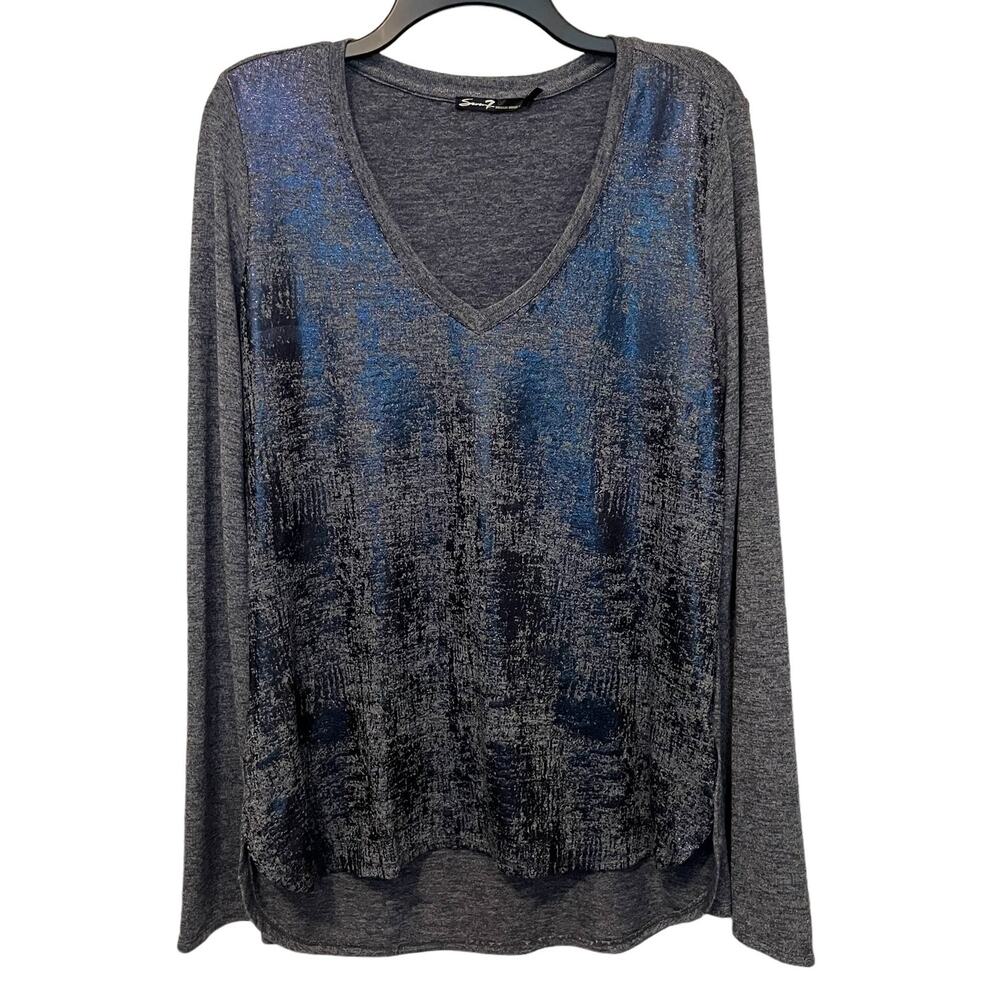 Seven7 Metallic Knit Shirt Gray Blue Vneck Large
